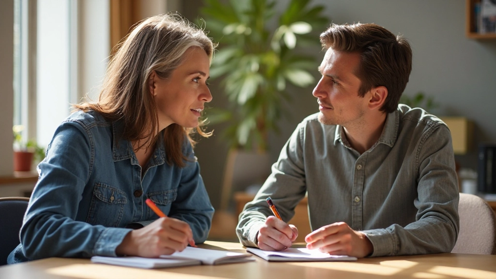 Twee professionele mentoren in discussie over notities, warme kantooromgeving met natuurlijk licht