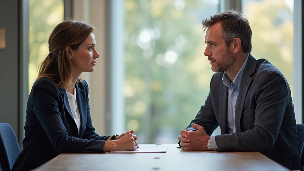 Twee personen in diepe conversatie met aandachtige lichaamstaal en open communicatie